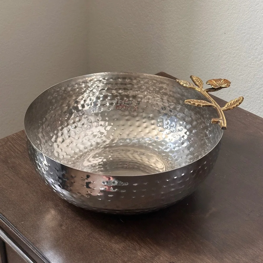 Hammered Silver Metal Serving Bowl with Gold Floral Branch Handle Made in India